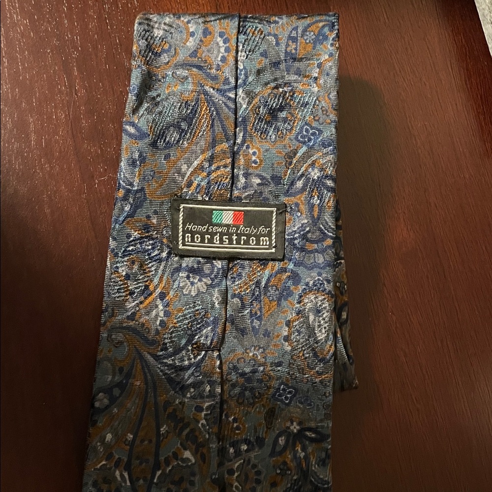 Nordstrom Men's Vintage Blue Brown Paisley Silk Tie Necktie Hand Sewn in Italy